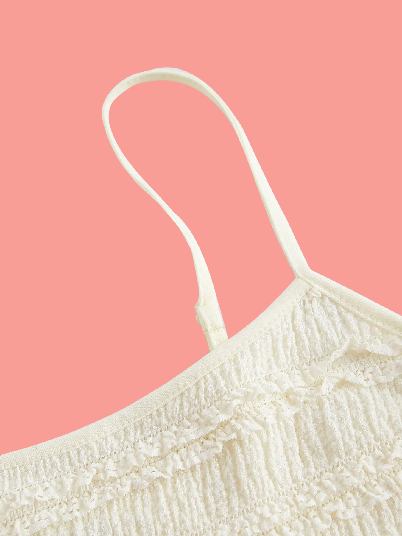 Bianca Boho Off-White Frilly Scoop-Neck Cami Close-Up of Spaghetti Strap | My Whimsical Romance