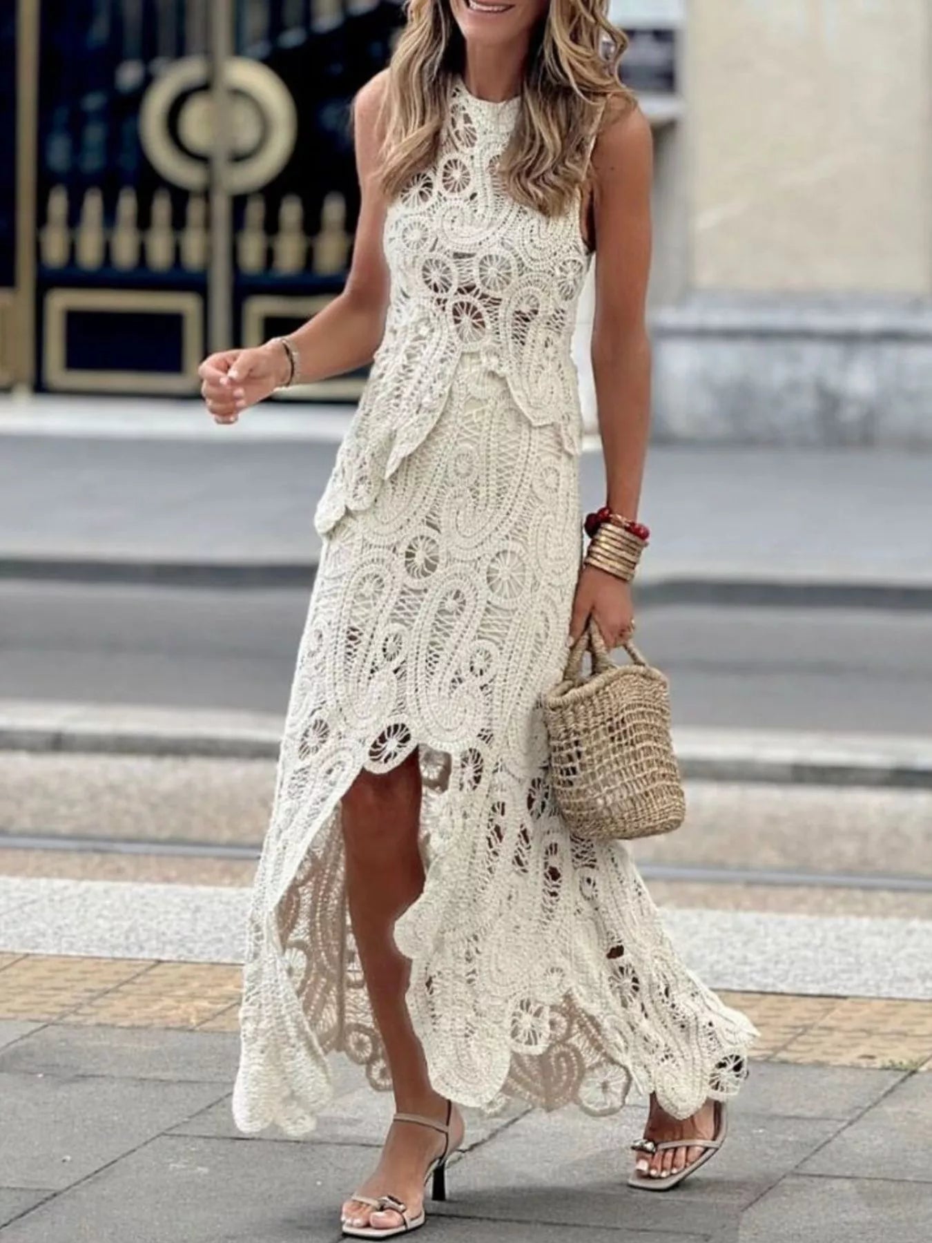 Boho Crochet Two Piece Set With Maxi Skirt in Beige | My Whimsical Romance