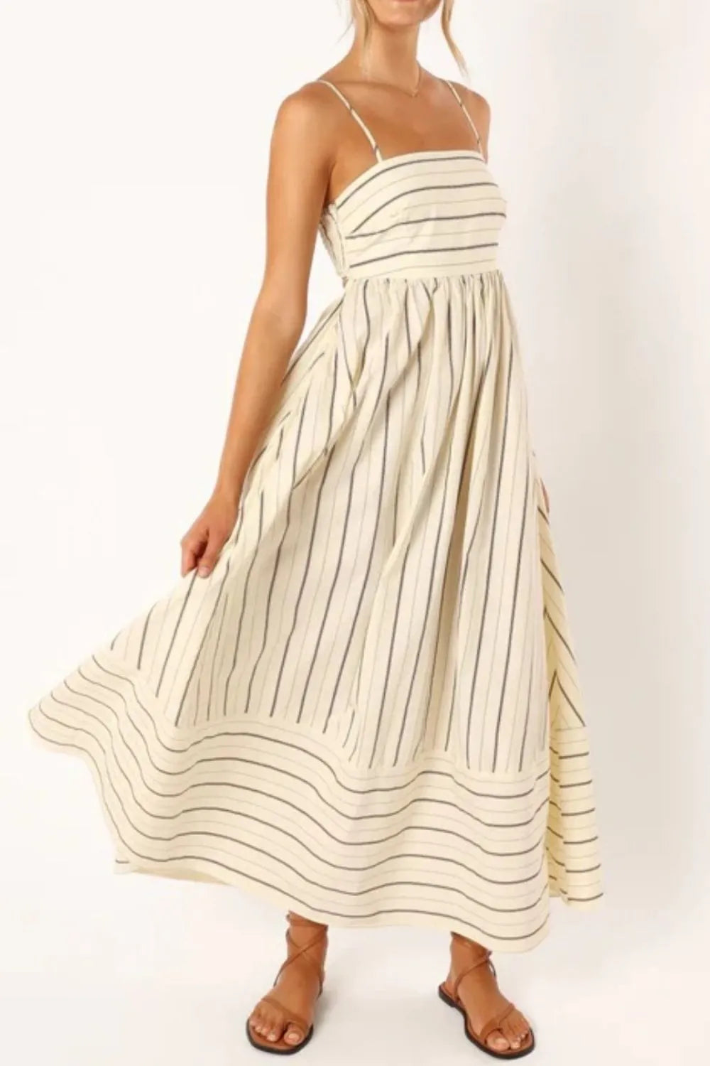 Candy Beige Striped Spaghetti Strap Square Neck Dress with Empire Waist | My Whimsical Romance