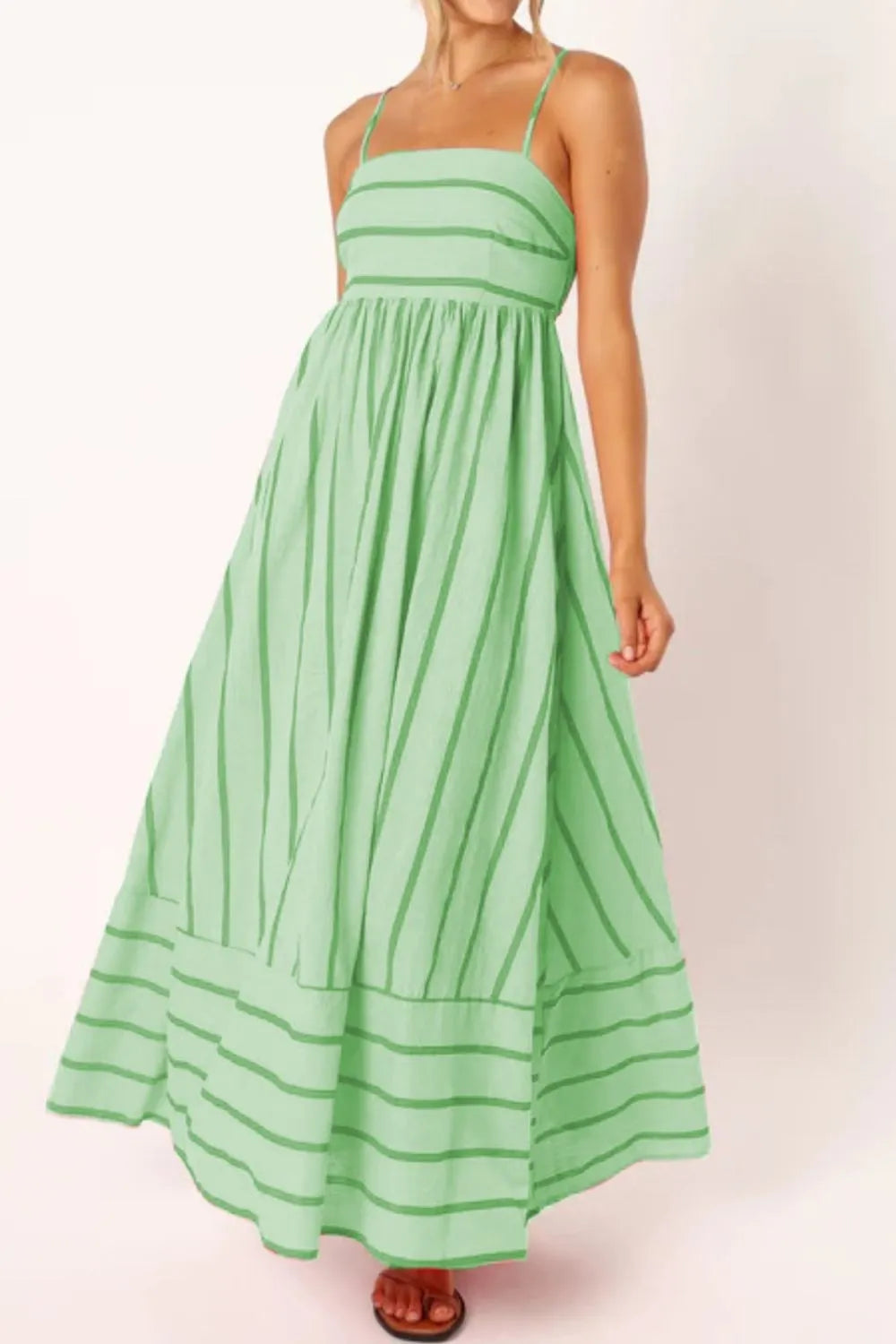Candy Green Striped Spaghetti Strap Square Neck Dress with Empire Waist | My Whimsical Romance