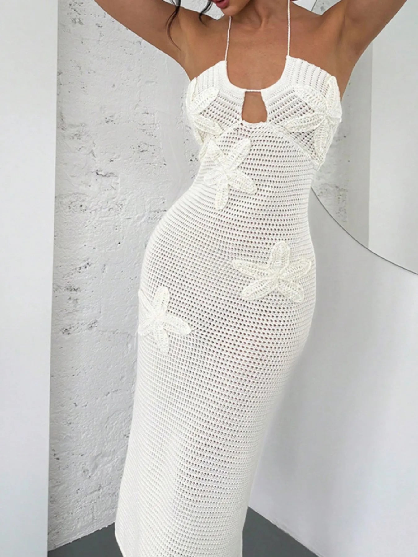 Estrella White Halter Midi Starfish Crochet Dress | My Whimsical Romance