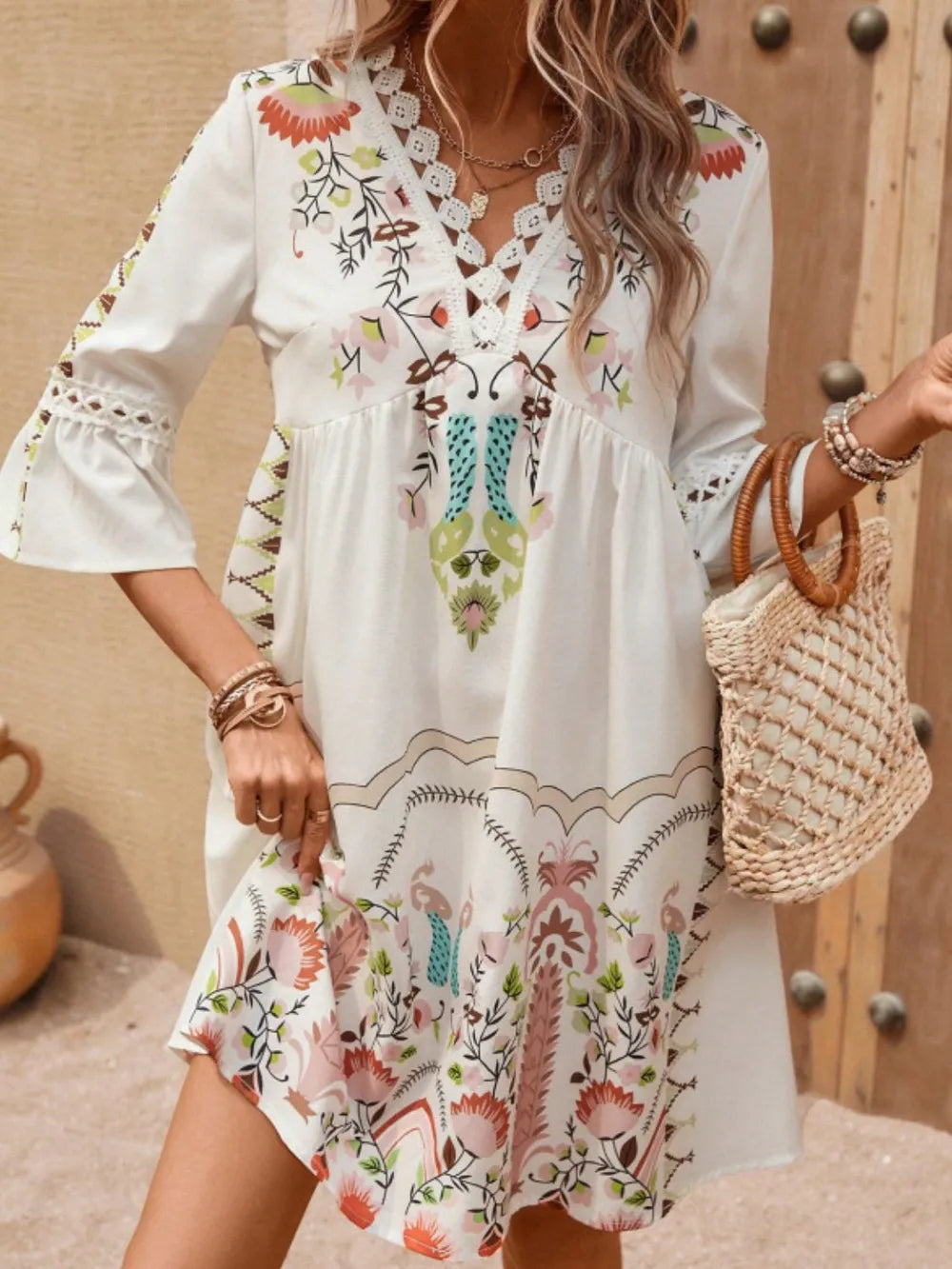 Guadalupe Beige/Multicolor Boho Floral Shift Mini Dress with Three-Quarter Sleeves and Lace | My Whimsical Romance