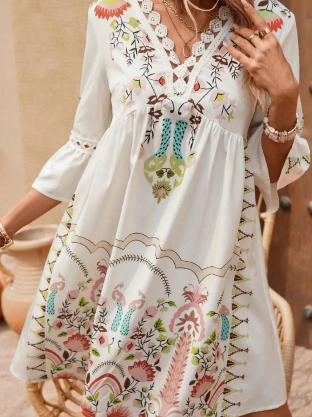 Guadalupe Beige/Multicolor Boho Floral Shift Mini Dress with Three-Quarter Sleeves and Lace | My Whimsical Romance