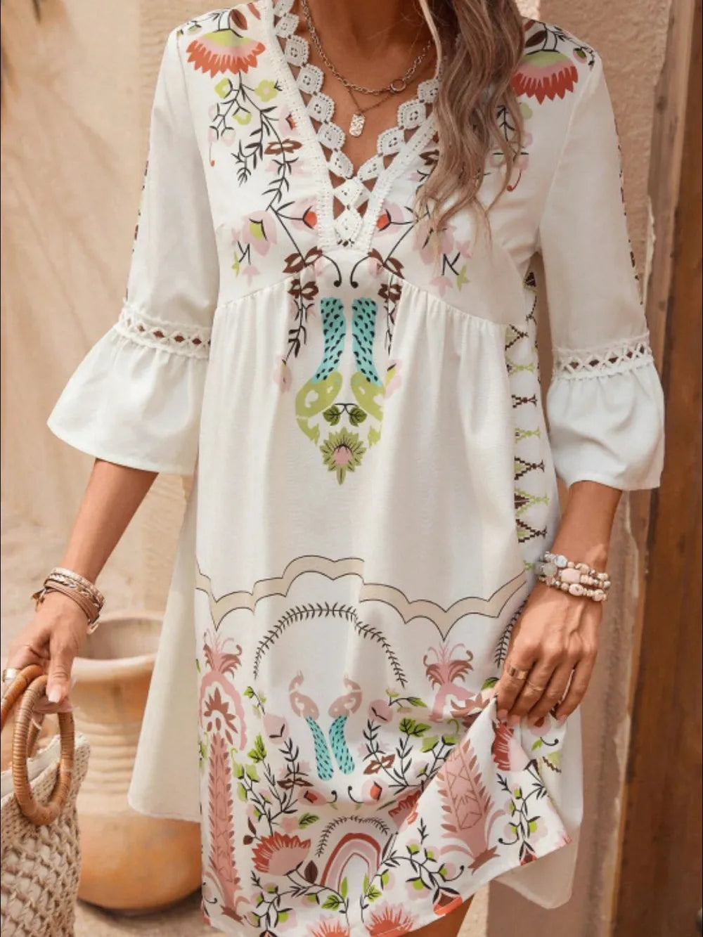Guadalupe Beige/Multicolor Boho Floral Shift Mini Dress with Three-Quarter Sleeves and Lace | My Whimsical Romance