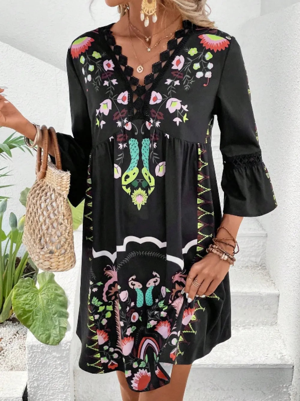 Guadalupe Black/Multicolor Boho Floral Shift Mini Dress with Three-Quarter Sleeves and Lace | My Whimsical Romance