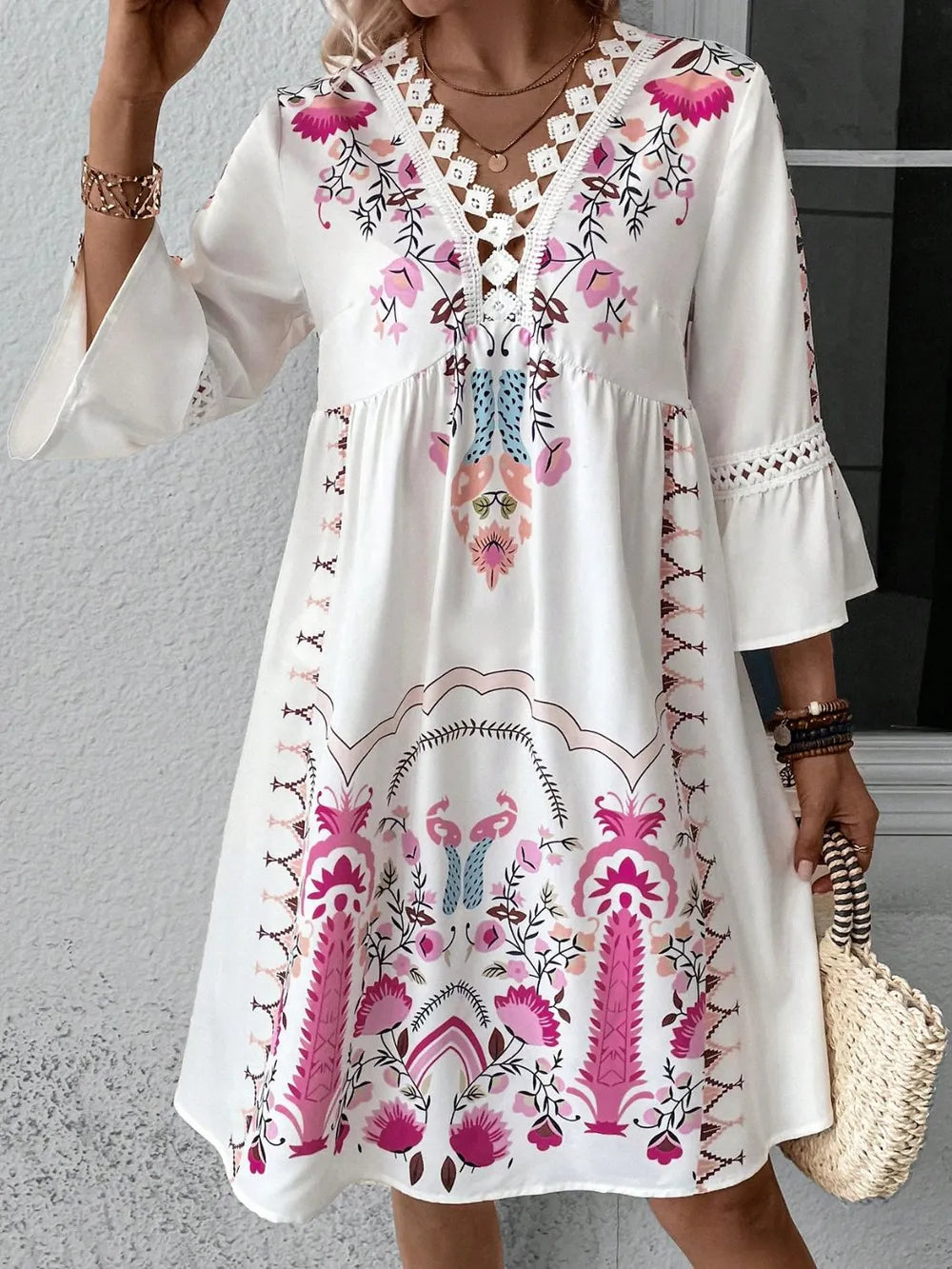 Guadalupe White/Multicolor Boho Floral Shift Mini Dress with Three-Quarter Sleeves and Lace | My Whimsical Romance