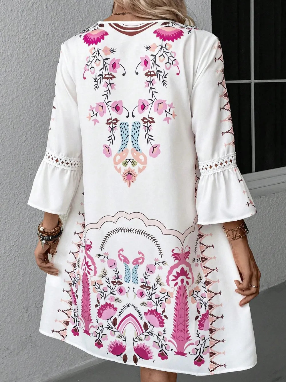 Guadalupe White/Multicolor Boho Floral Shift Mini Dress with Three-Quarter Sleeves and Lace | My Whimsical Romance