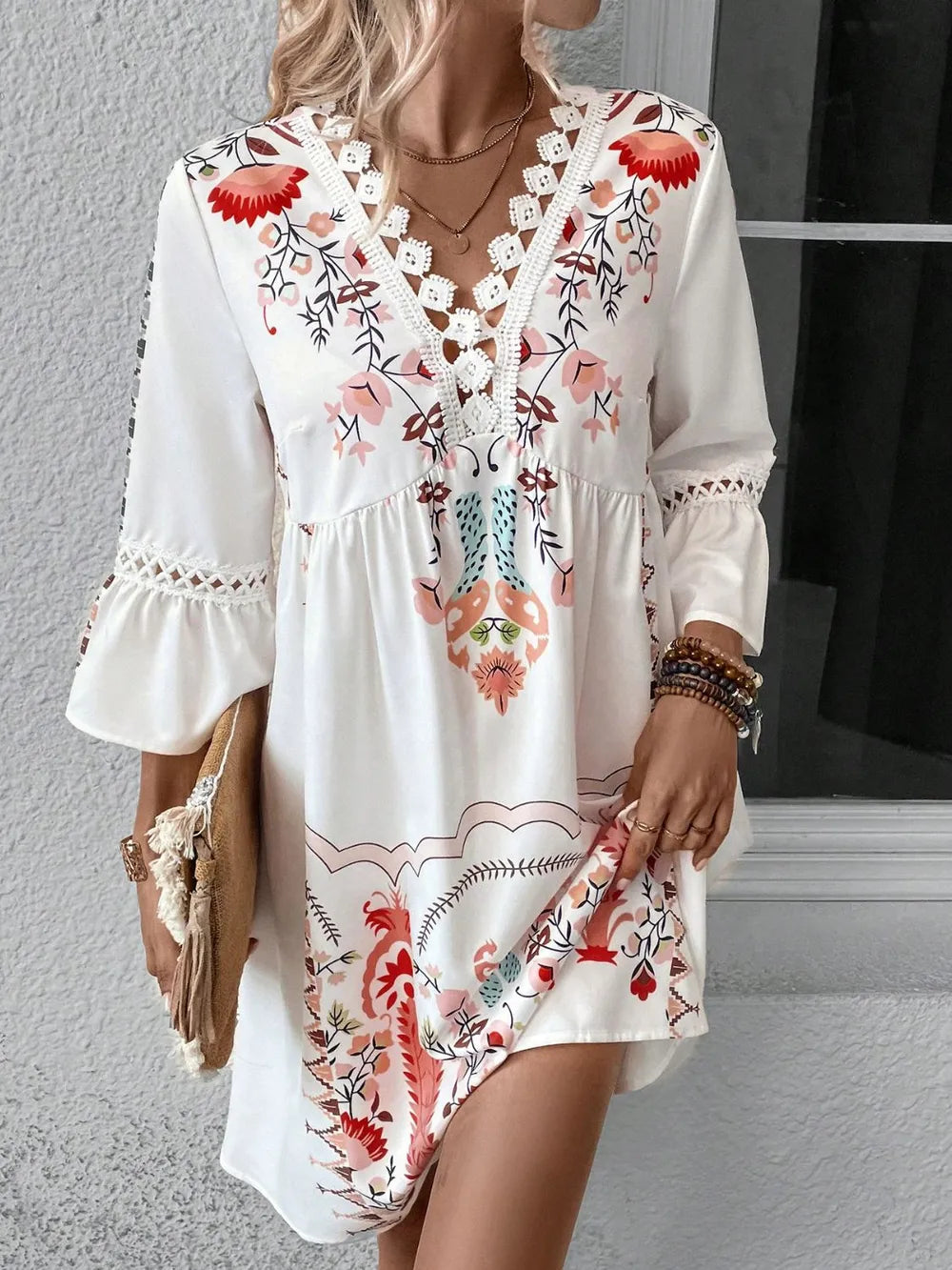 Guadalupe White/Multicolor Boho Floral Shift Mini Dress with Three-Quarter Sleeves and Lace | My Whimsical Romance