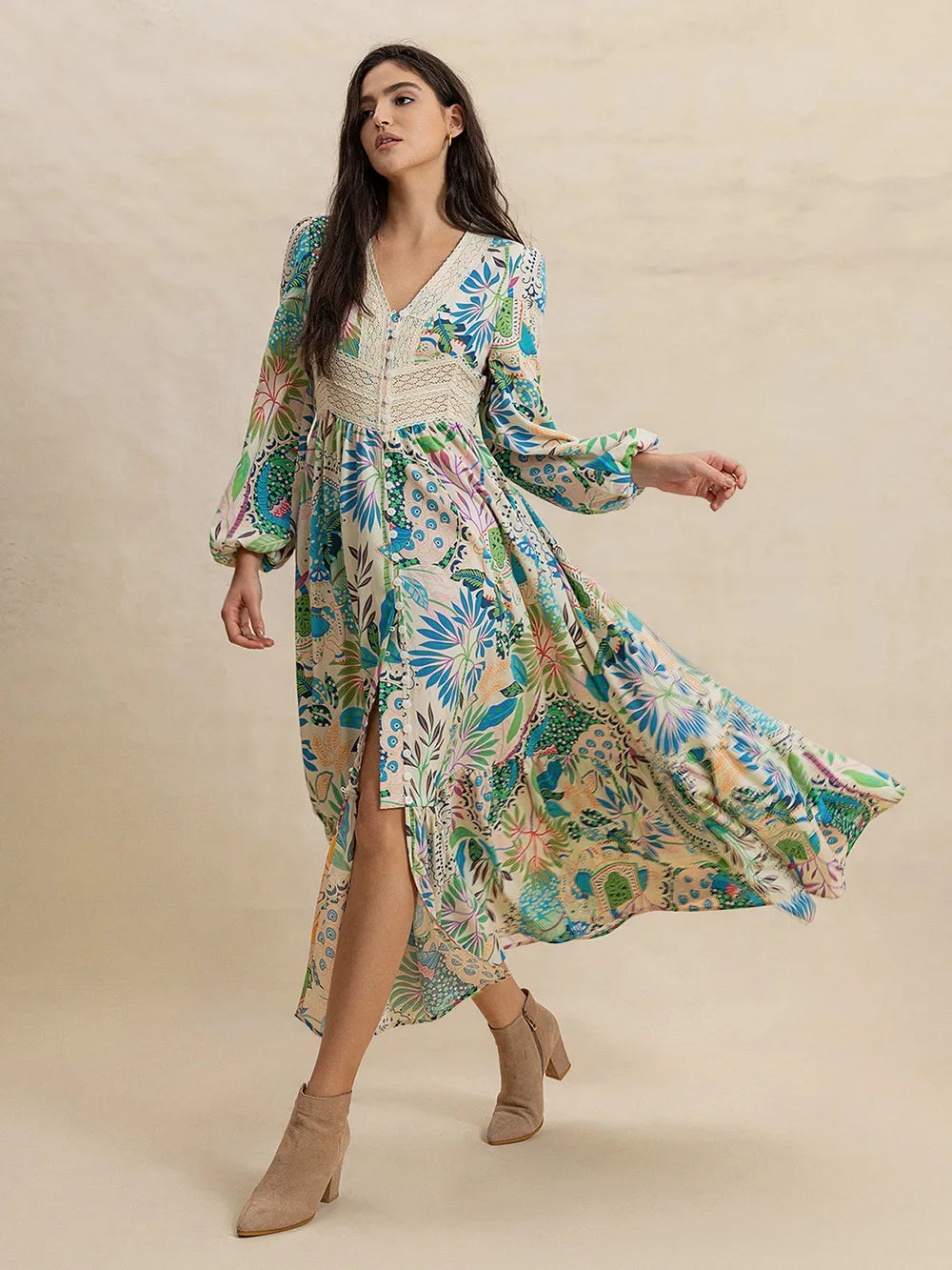 Isla Green & Blue Tropical Midi Boho Long Sleeve Dress with V-Neck and Lace | My Whimsical Romance