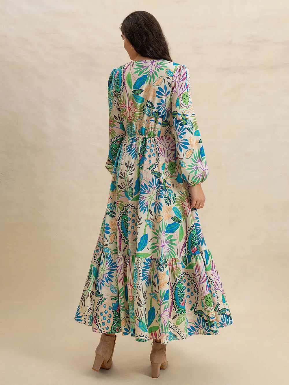 Isla Green & Blue Tropical Midi Boho Long Sleeve Dress with V-Neck and Lace | My Whimsical Romance