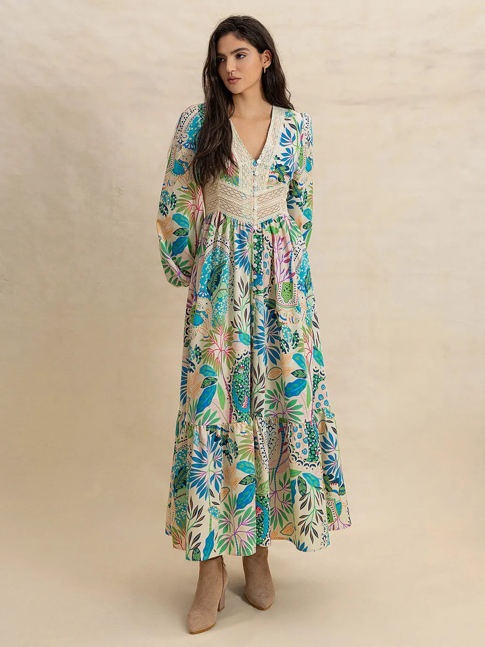 Isla Green & Blue Tropical Midi Boho Long Sleeve Dress with V-Neck and Lace | My Whimsical Romance