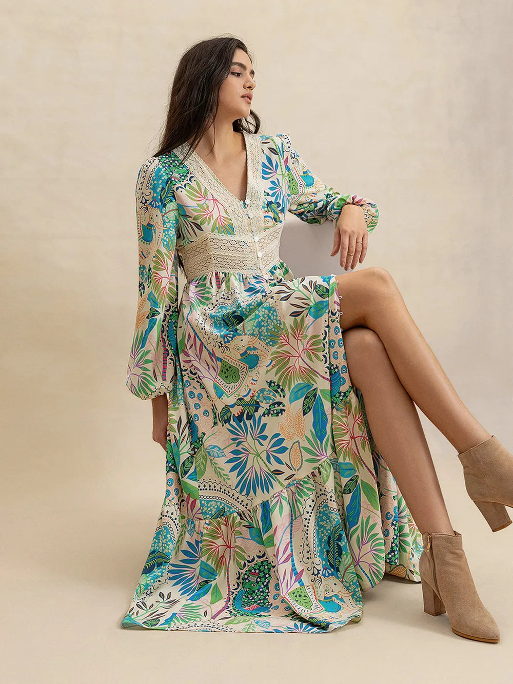 Isla Green & Blue Tropical Midi Boho Long Sleeve Dress with V-Neck and Lace | My Whimsical Romance