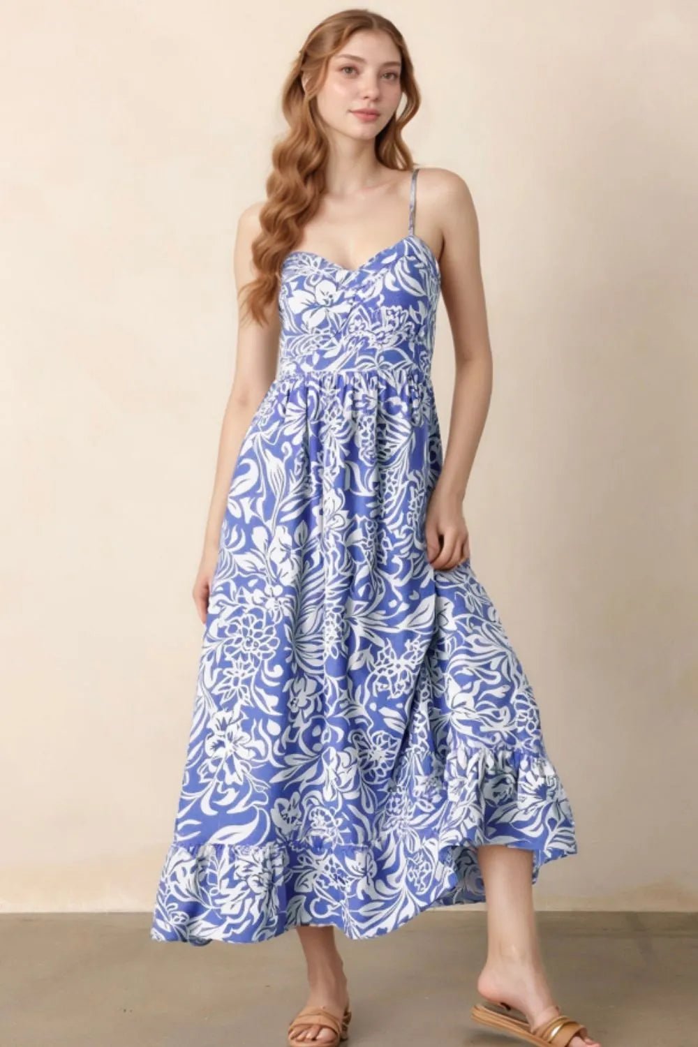 Leilani Tropical Blue Floral High Waist Midi Spaghetti Strap Dress | My Whimsical Romance