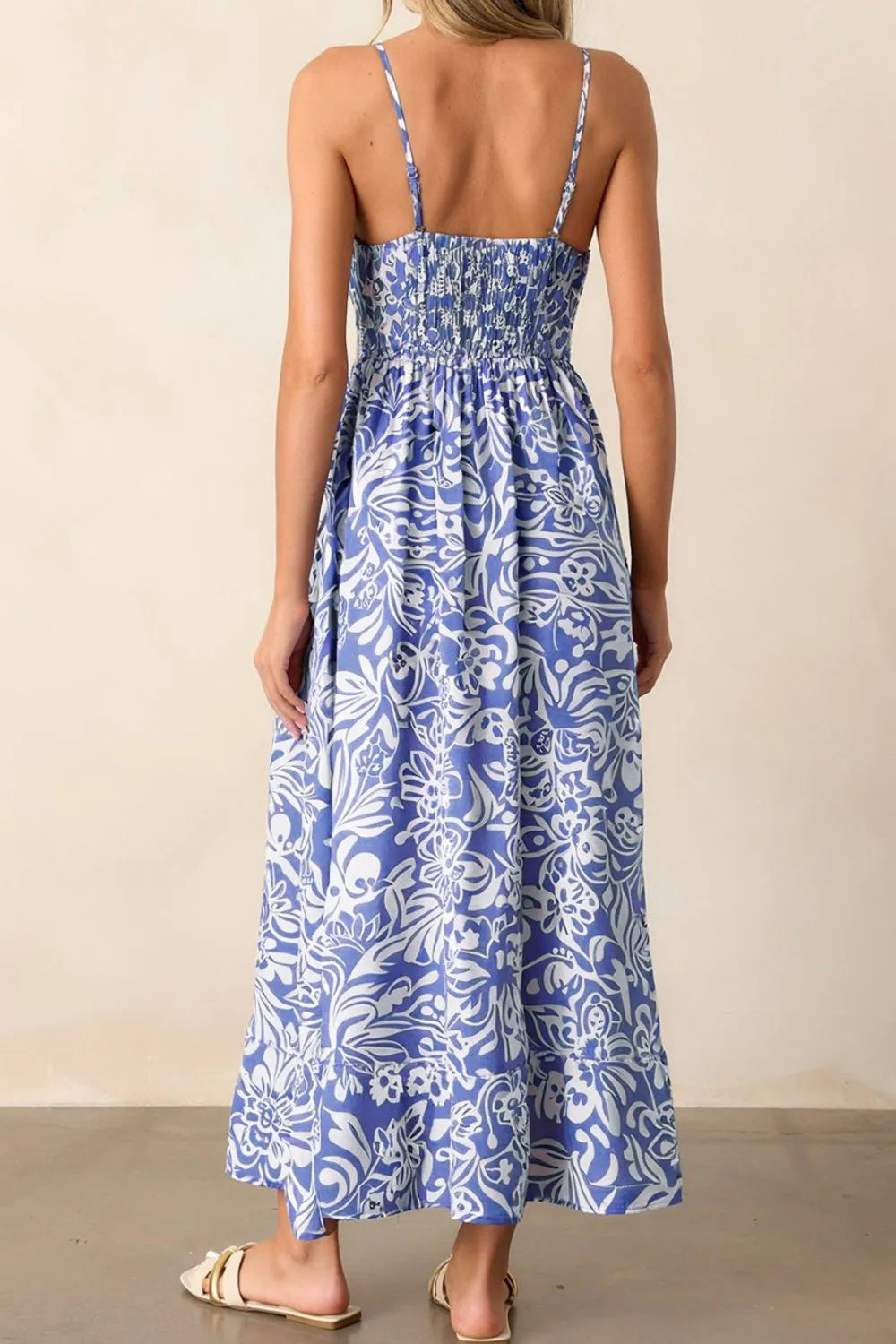 Leilani Tropical Blue Floral High Waist Midi Spaghetti Strap Dress | My Whimsical Romance