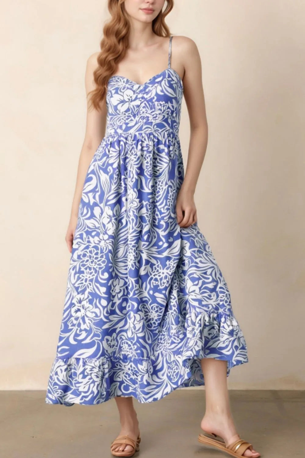 Leilani Tropical Blue Floral High Waist Midi Spaghetti Strap Dress | My Whimsical Romance