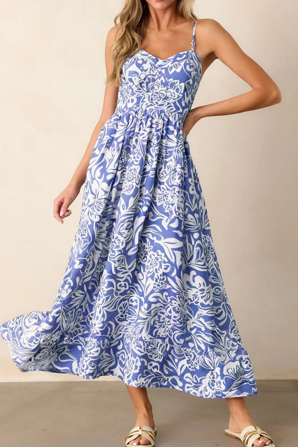 Leilani Tropical Blue Floral High Waist Midi Spaghetti Strap Dress | My Whimsical Romance