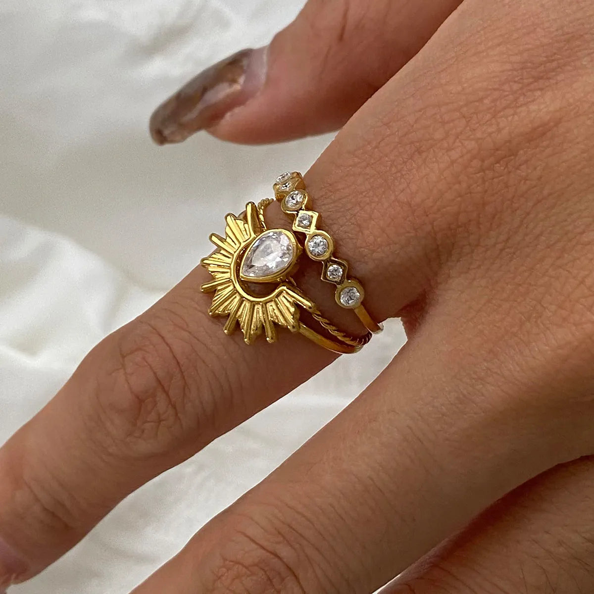 18K Gold Boho Sunburst Rhinestone Ring Stack For Women | My Whimsical Romance