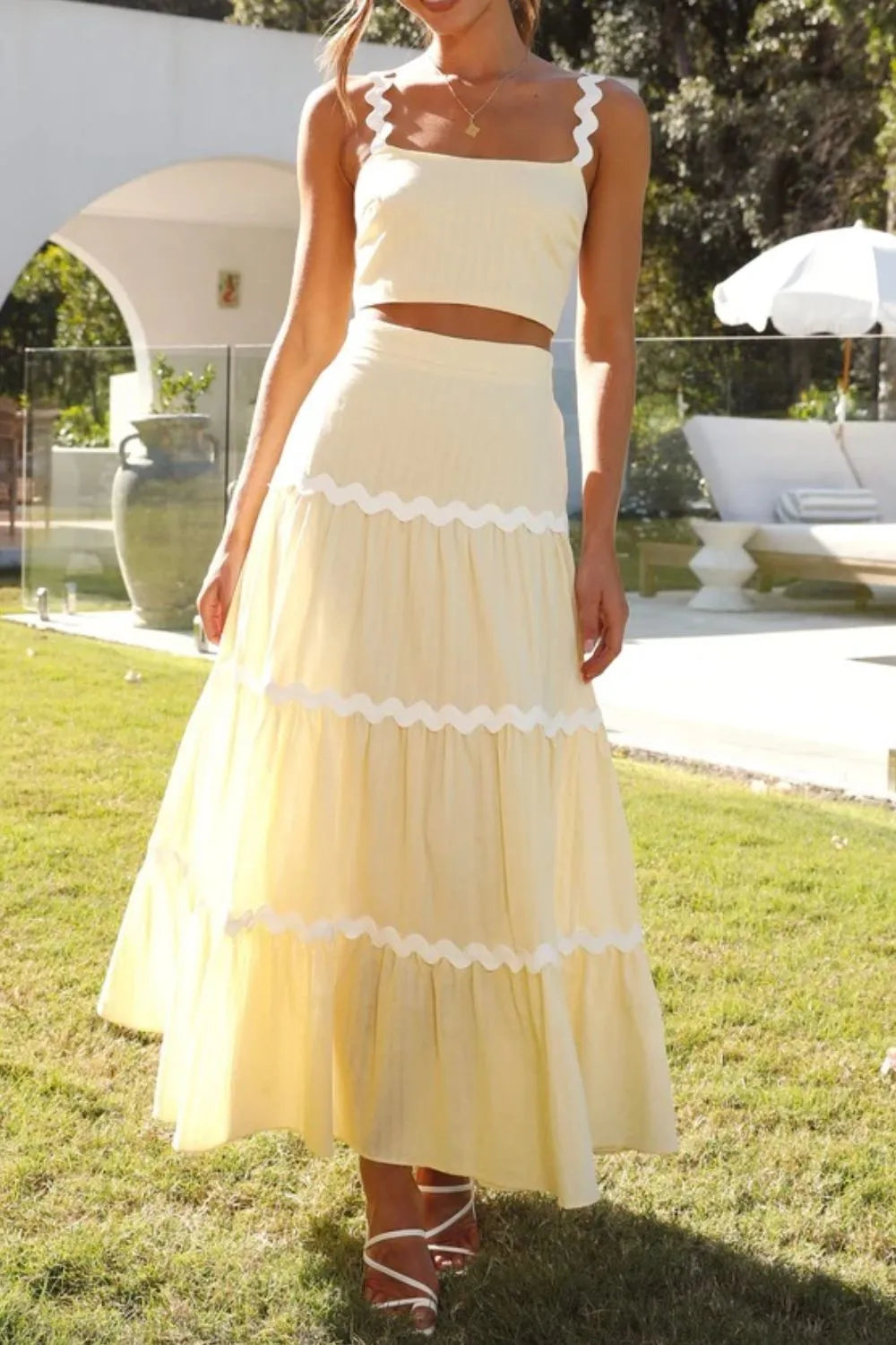 Butter Yellow Two-Piece Skirt Set Outfit With Cami Top & Maxi Skirt | My Whimsical Romance