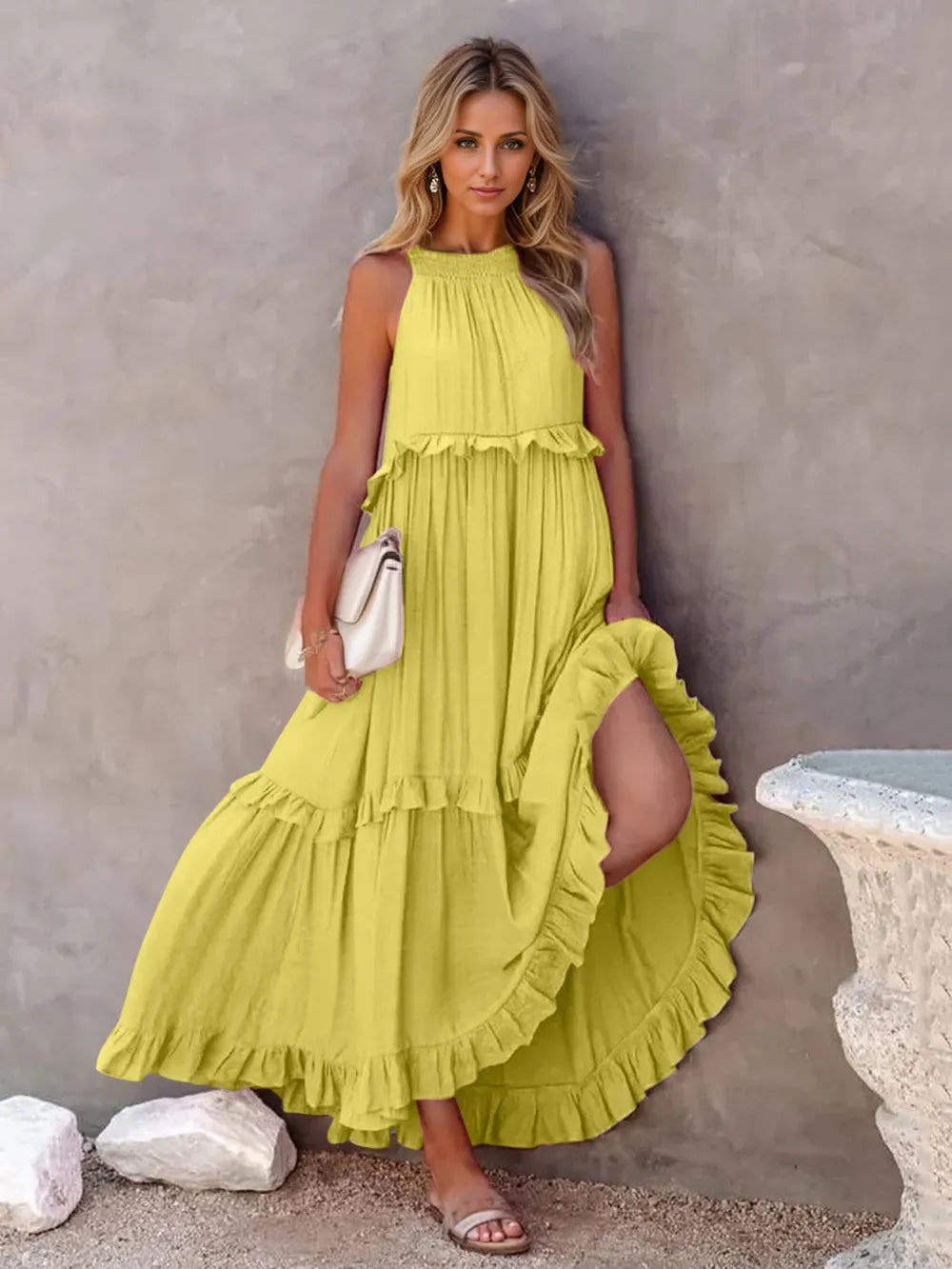Persephone Chartreuse Tiered Ruffle Flowy Halter A-line Maxi Dress with Pockets | My Whimsical Romance