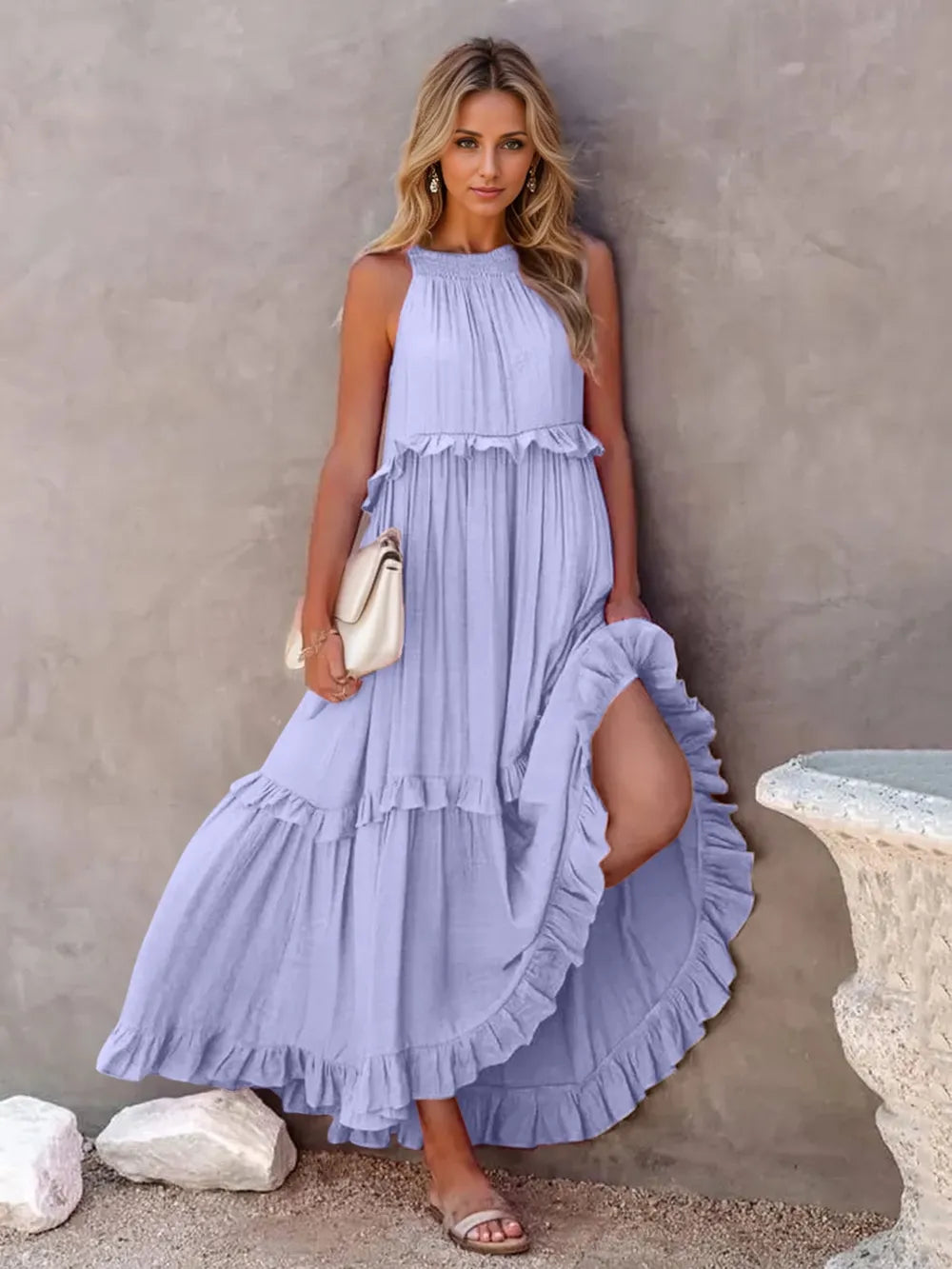 Persephone Lilac Tiered Ruffle Flowy Halter A-line Maxi Dress with Pockets | My Whimsical Romance