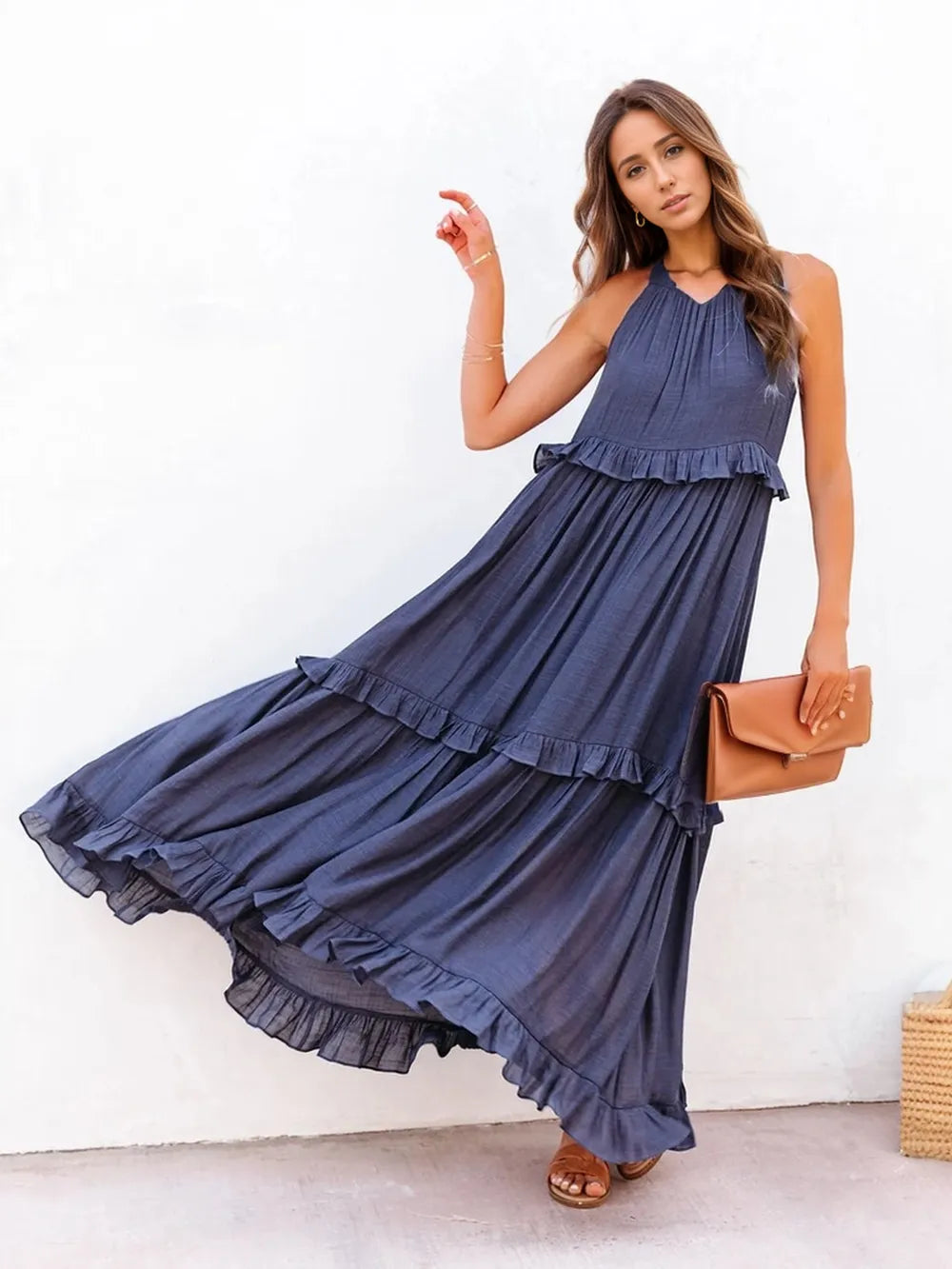 Persephone Navy Blue Tiered Ruffle Flowy Halter A-line Maxi Dress with Pockets | My Whimsical Romance
