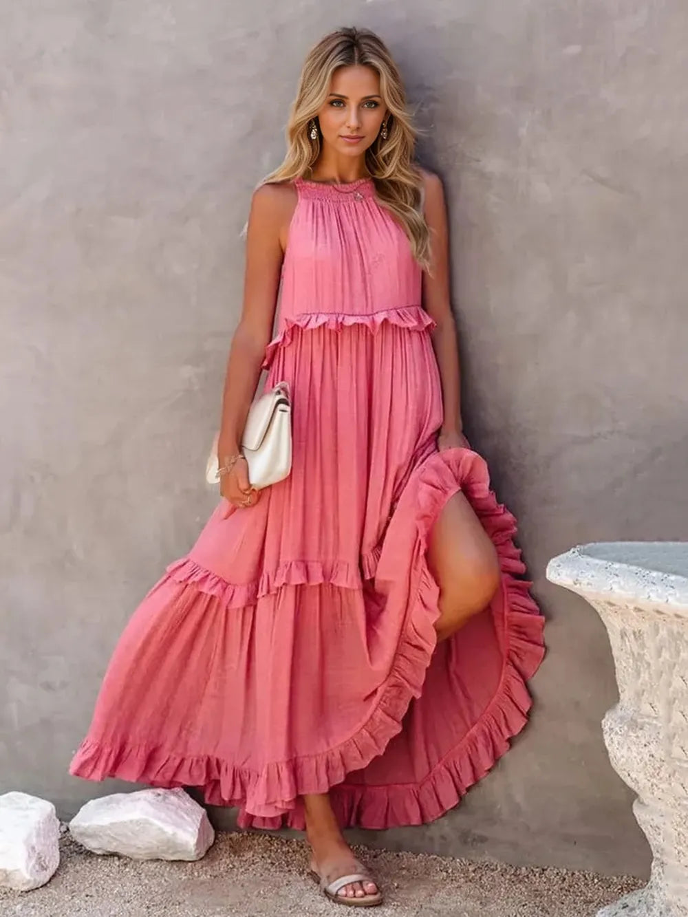 Persephone Pink Tiered Ruffle Flowy Halter A-line Maxi Dress with Pockets | My Whimsical Romance