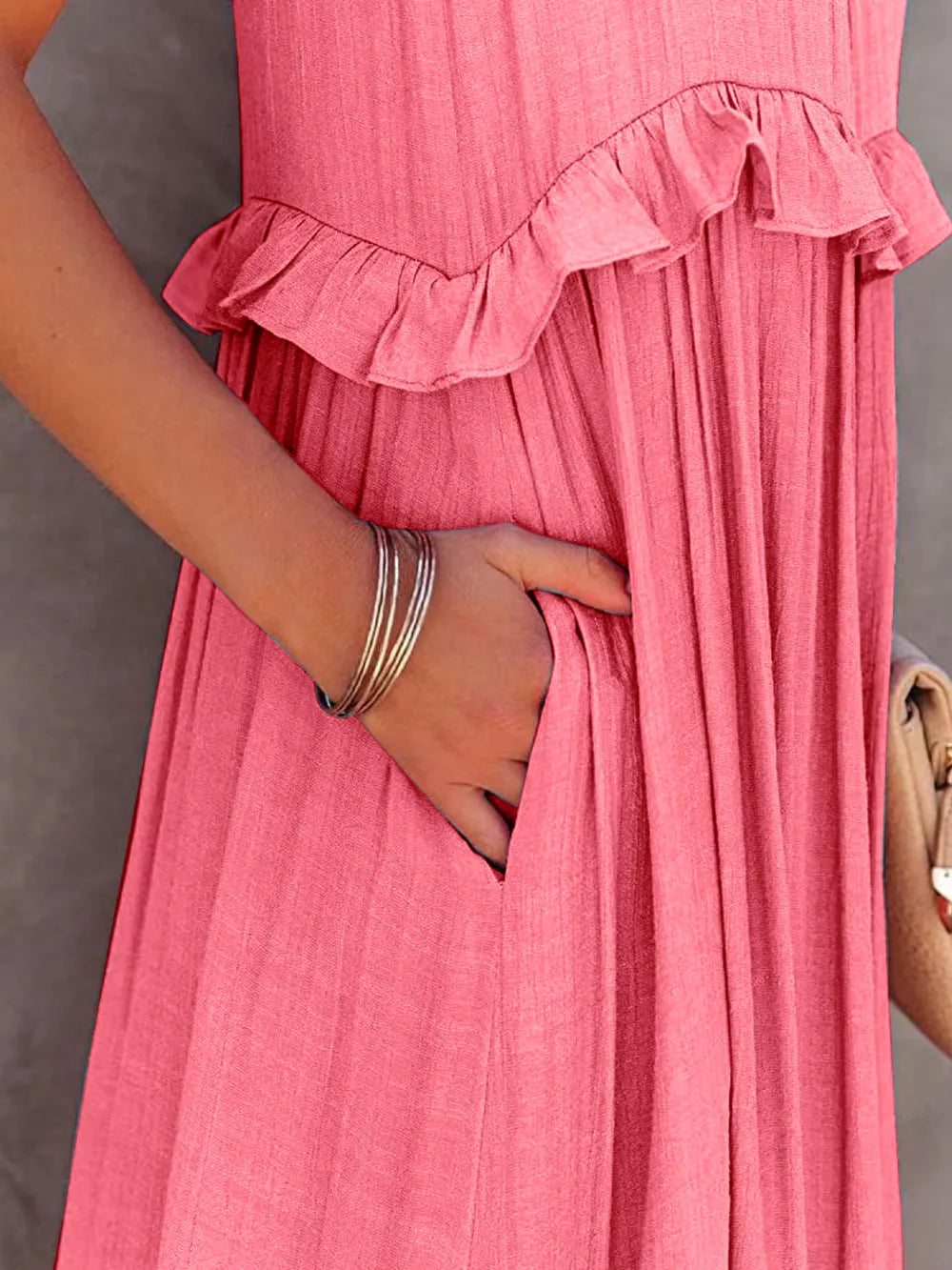 Persephone Pink Tiered Ruffle Flowy Halter A-line Maxi Dress with Pockets | My Whimsical Romance