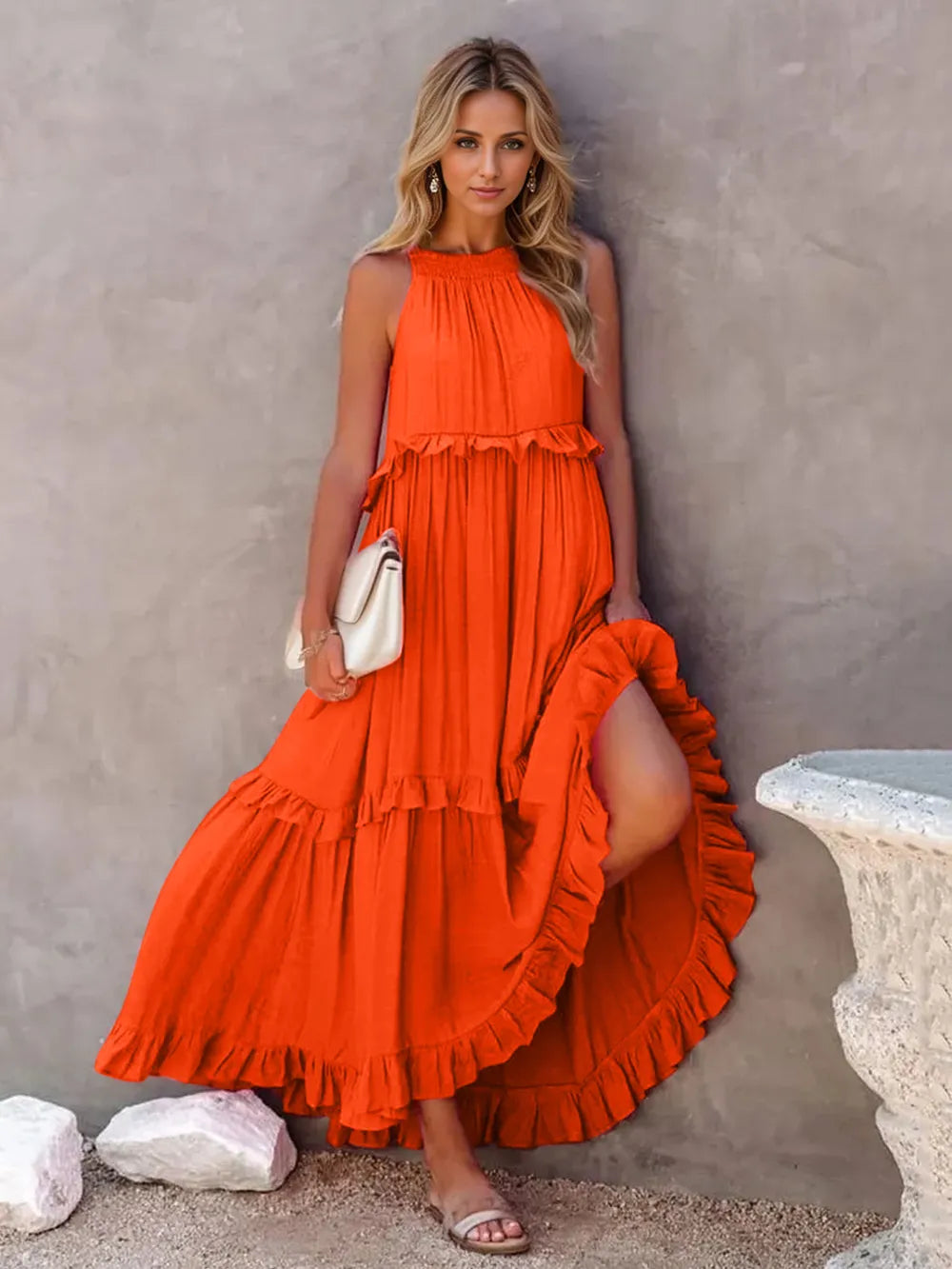 Persephone Red-Orange Tiered Ruffle Flowy Halter A-line Maxi Dress with Pockets | My Whimsical Romance