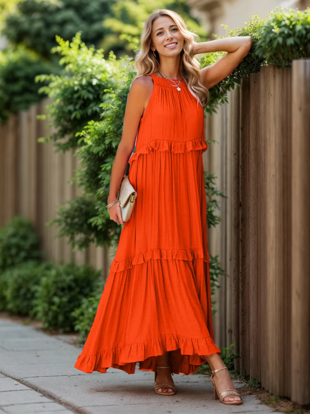 Persephone Red-Orange Tiered Ruffle Flowy Halter A-line Maxi Dress with Pockets | My Whimsical Romance