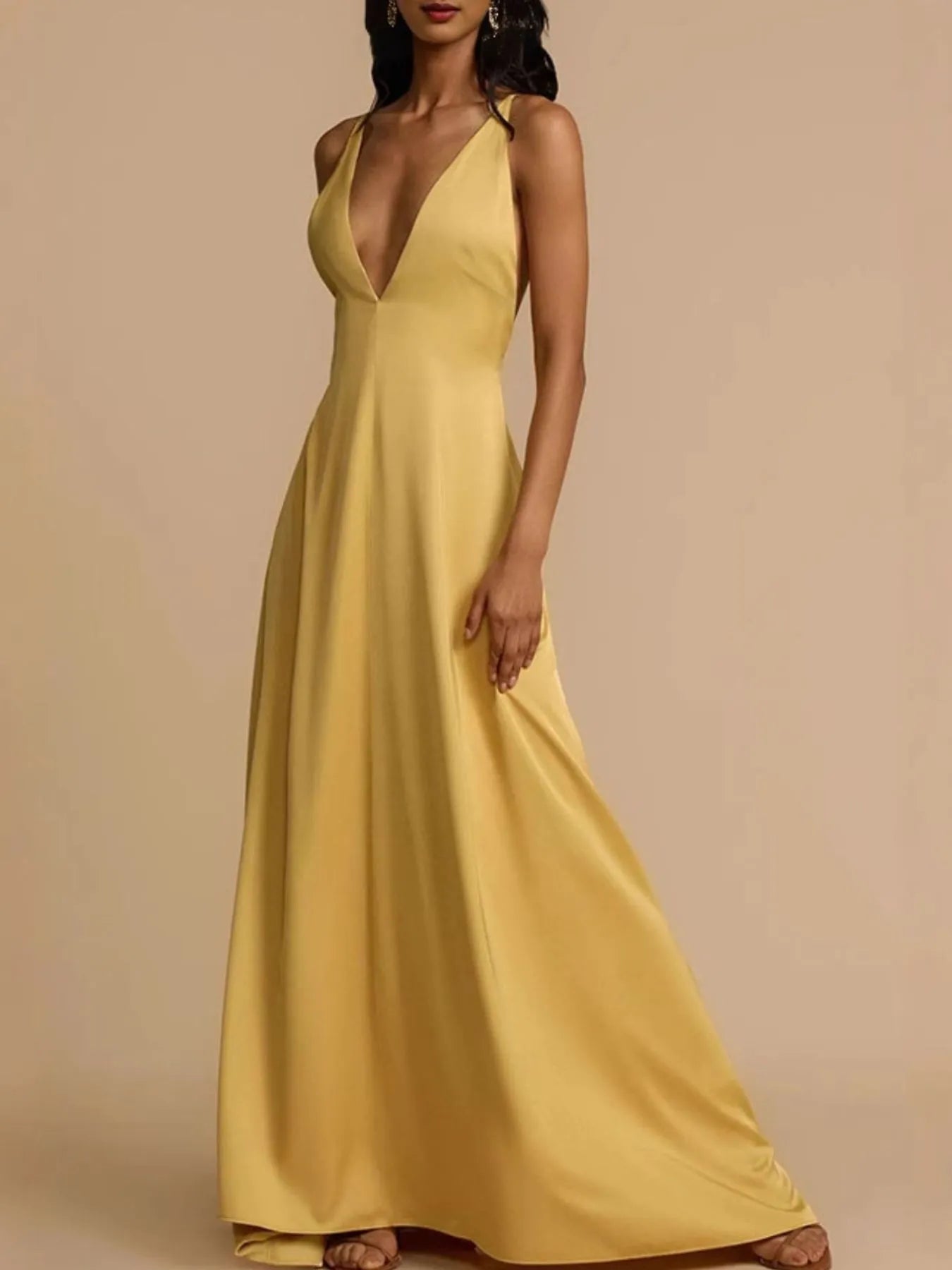 Solara Deep V-Neck Yellow Satin Maxi Halter Dress | My Whimsical Romance