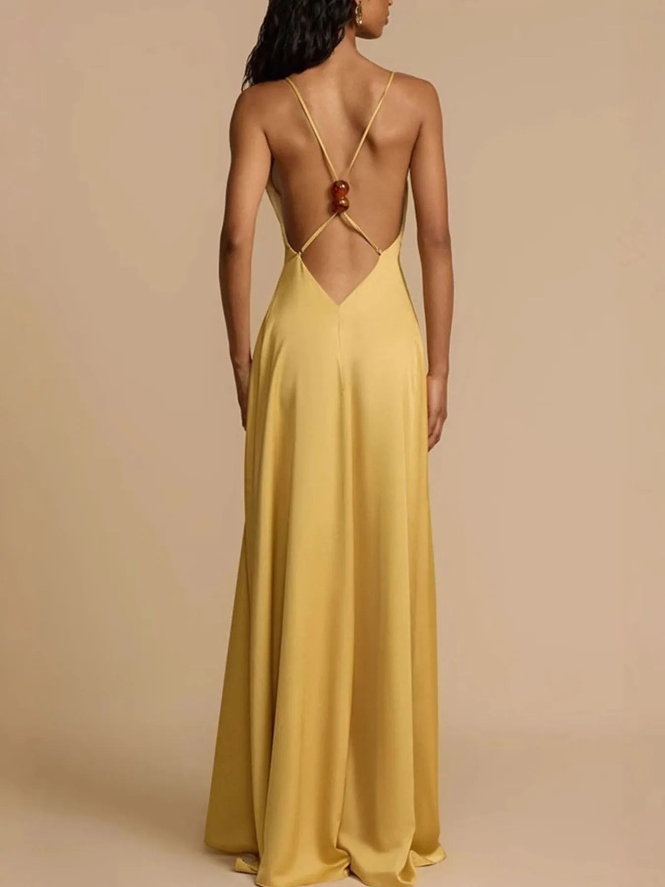 Solara Deep V-Neck Yellow Satin Maxi Halter Dress | My Whimsical Romance