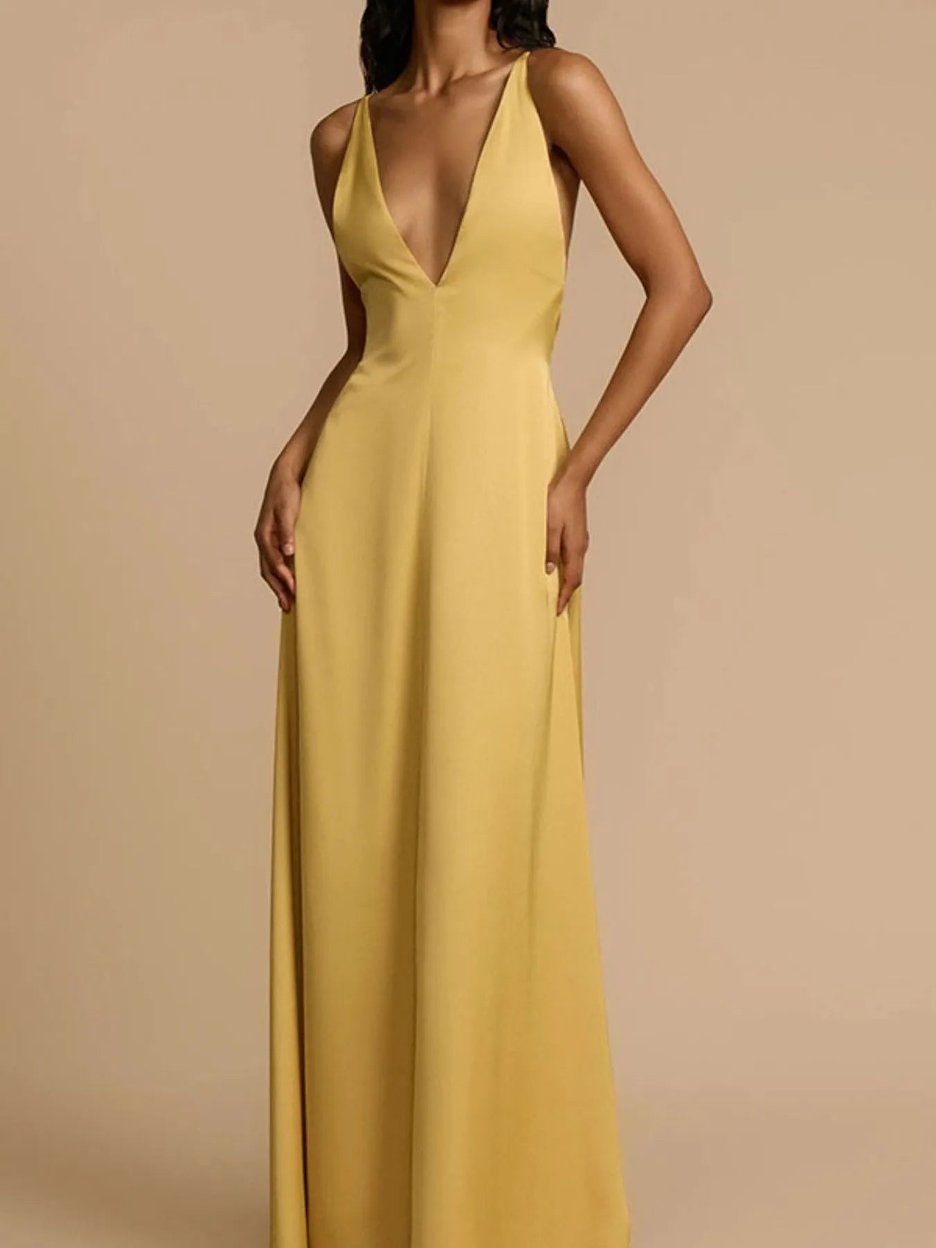 Solara Deep V-Neck Yellow Satin Maxi Halter Dress | My Whimsical Romance