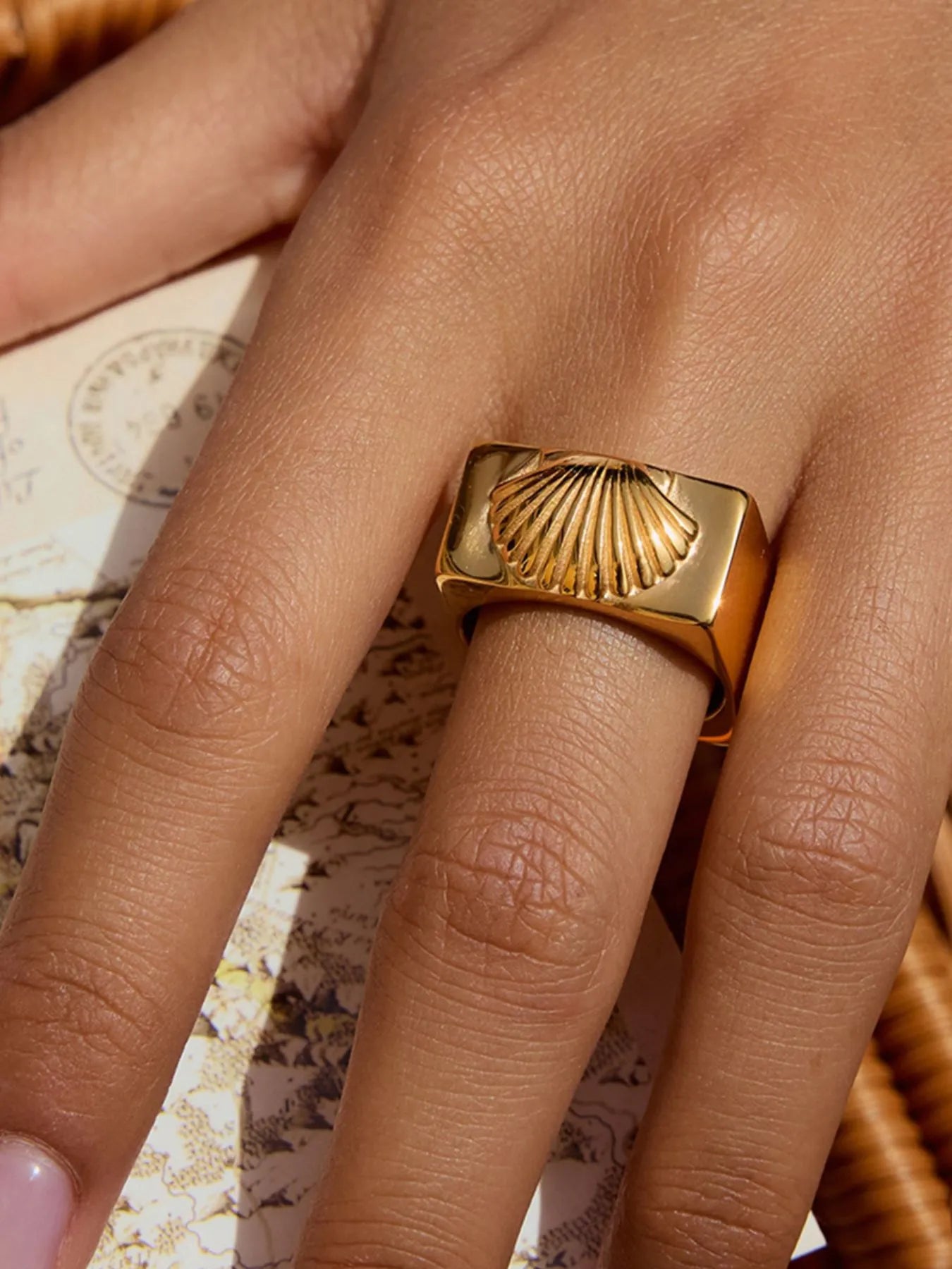 Thalassa Wide Band 18k Gold Ring With Shell Signet | My Whimsical Romance